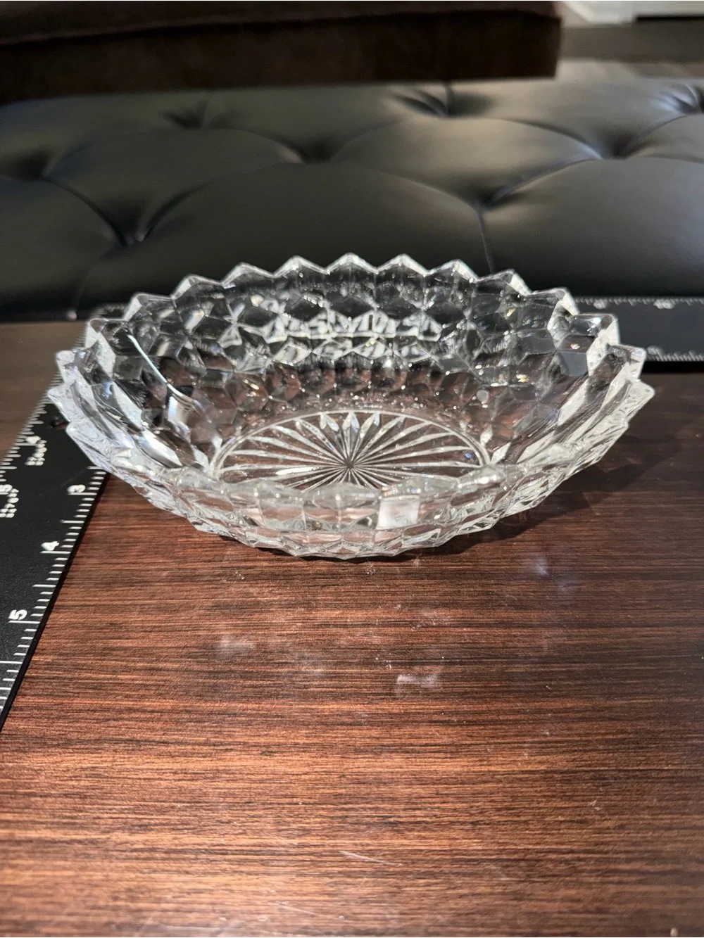 Vintage Pressed Glass with Sea Saw Edge and starburst pattern, cubist Mid-Centur